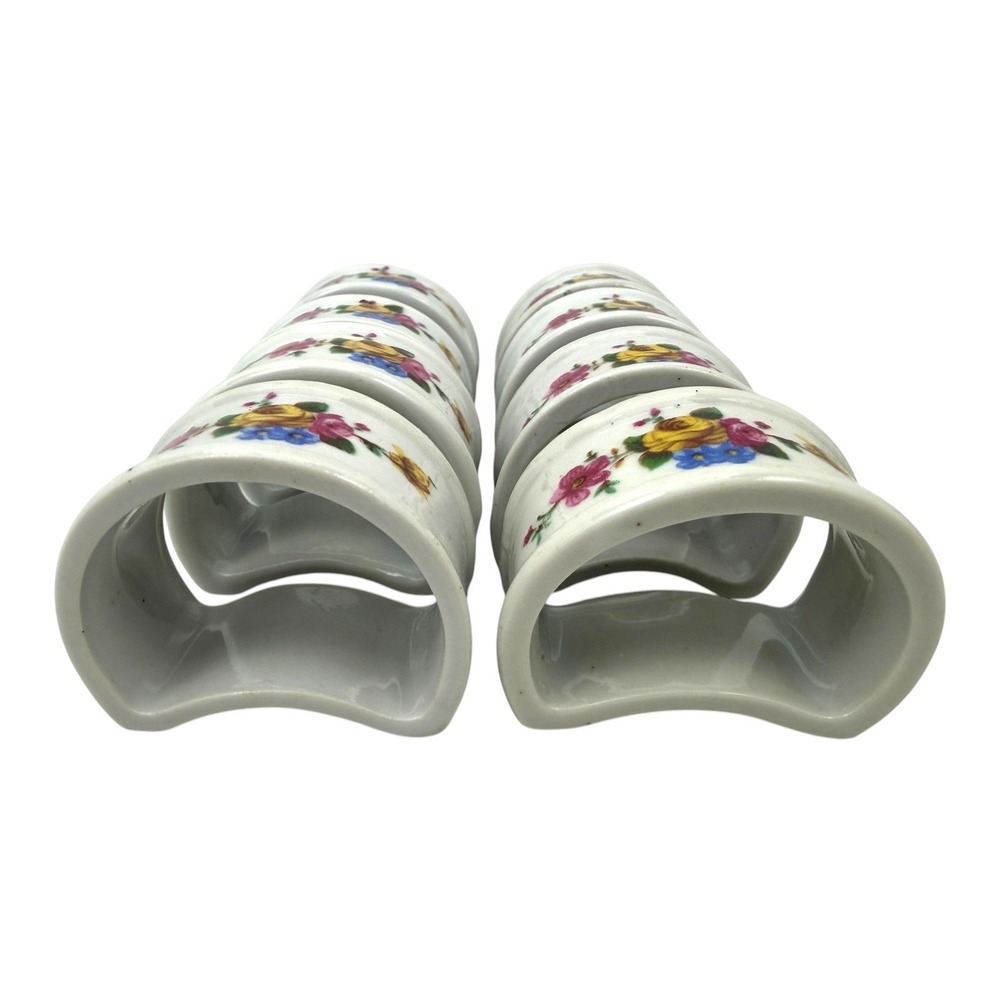 Vintage Floral Ceramic Napkin Rings Set of 8 White Porcelain Rose Garden Decor - Picture 3 of 8